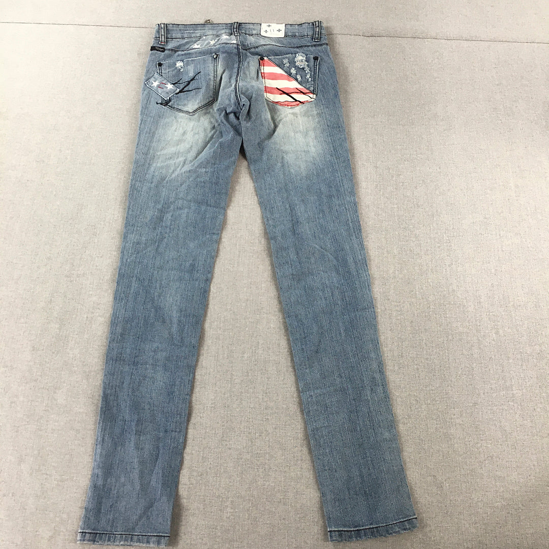 Refuge Womens Jeans Size 11 (W28 x L31) Blue Patchwork Cut & Sew USA Flag