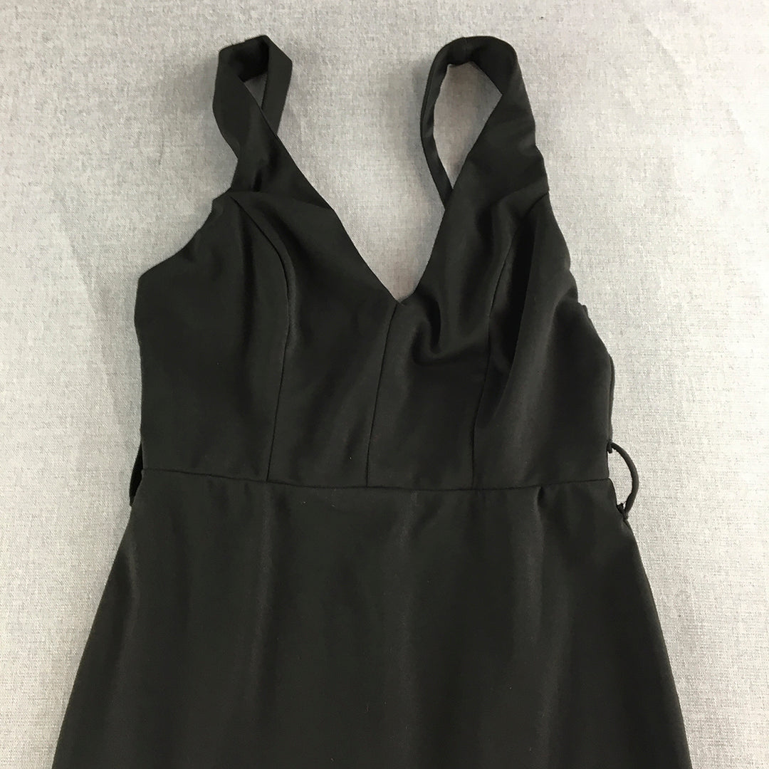 Alive Girl Womens Dress Size 10 Black Midi Sleeveless V-Neck Frilled