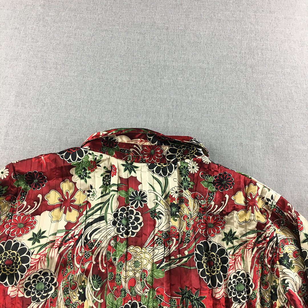 Cordelia St Womens Top Size 16 Red Brown Floral Pleated Button-Up Long Sleeve