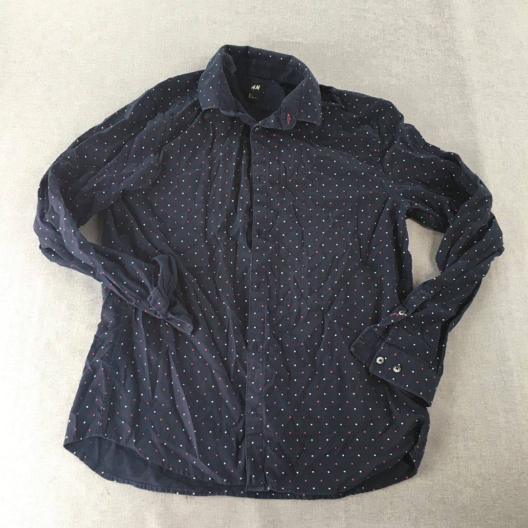 H&M Mens Shirt Size L Blue Dot Pattern Long Sleeve Button-Up Collared