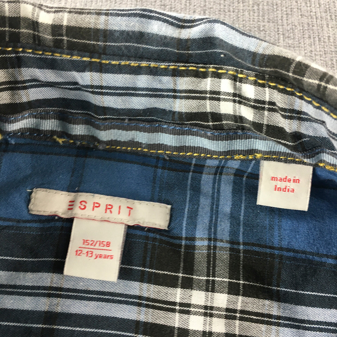 Esprit Kids Boys Shirt Size 12 - 13 Years Blue Checkered Long Sleeve Button-Up