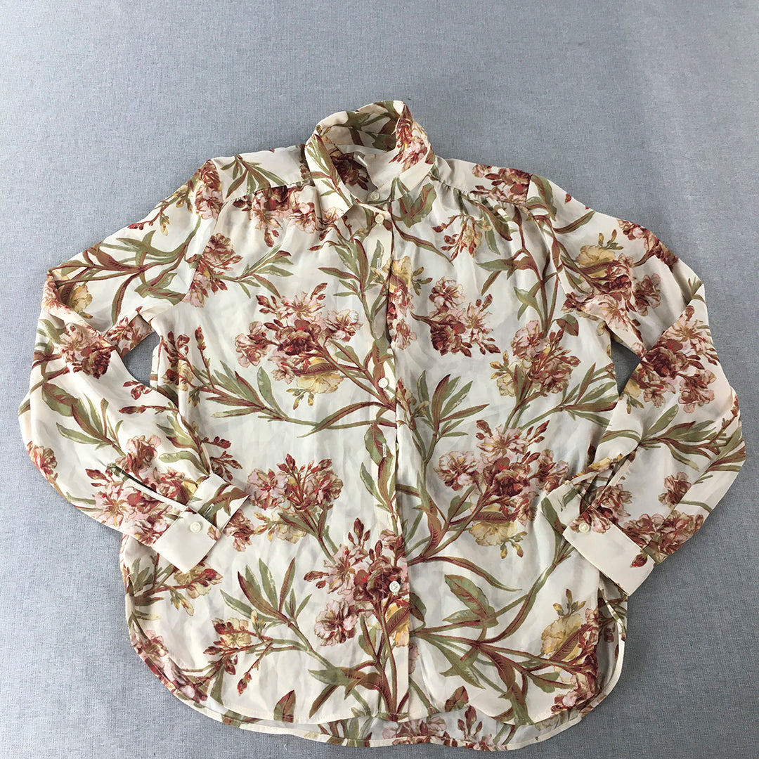 H&M Womens Top Size 8 White Floral Long Sleeve Button-Up Shirt