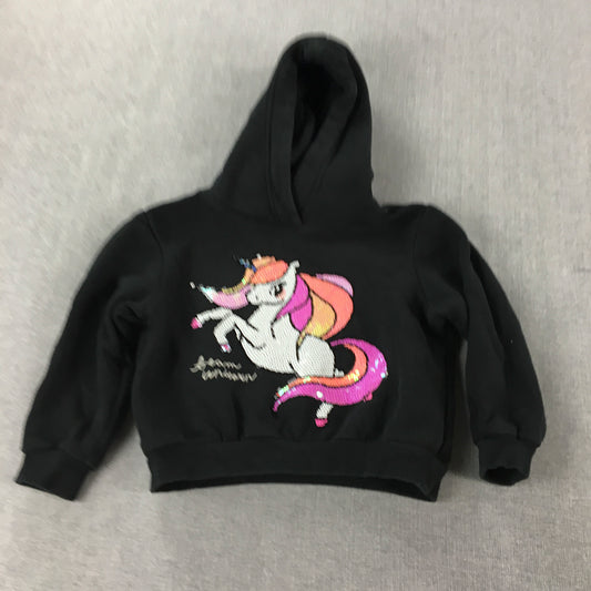 H&M Kids Girls Hoodie Sweater Size 3 Toddler Black Sequin Unicorn Pony Jumper