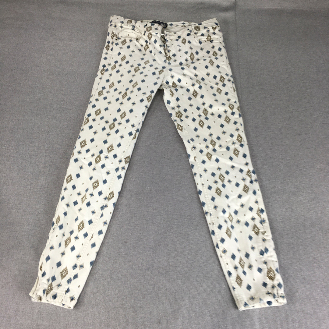 Zara Trafaluc Womens Skinny Jeans Size 10 (W28 x L26) White Aztec Diamond Skinny