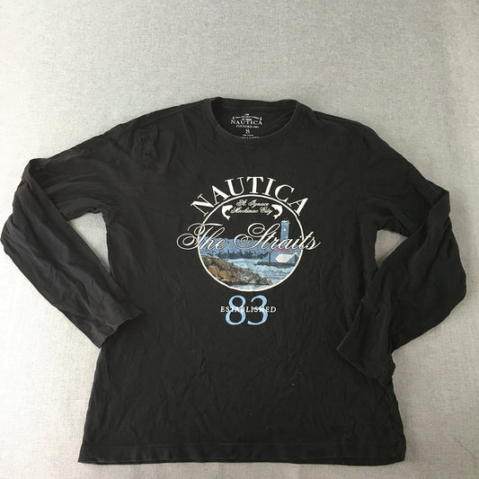 Nautica Mens Shirt Size S Black Logo Long Sleeve Pullover Crew Neck