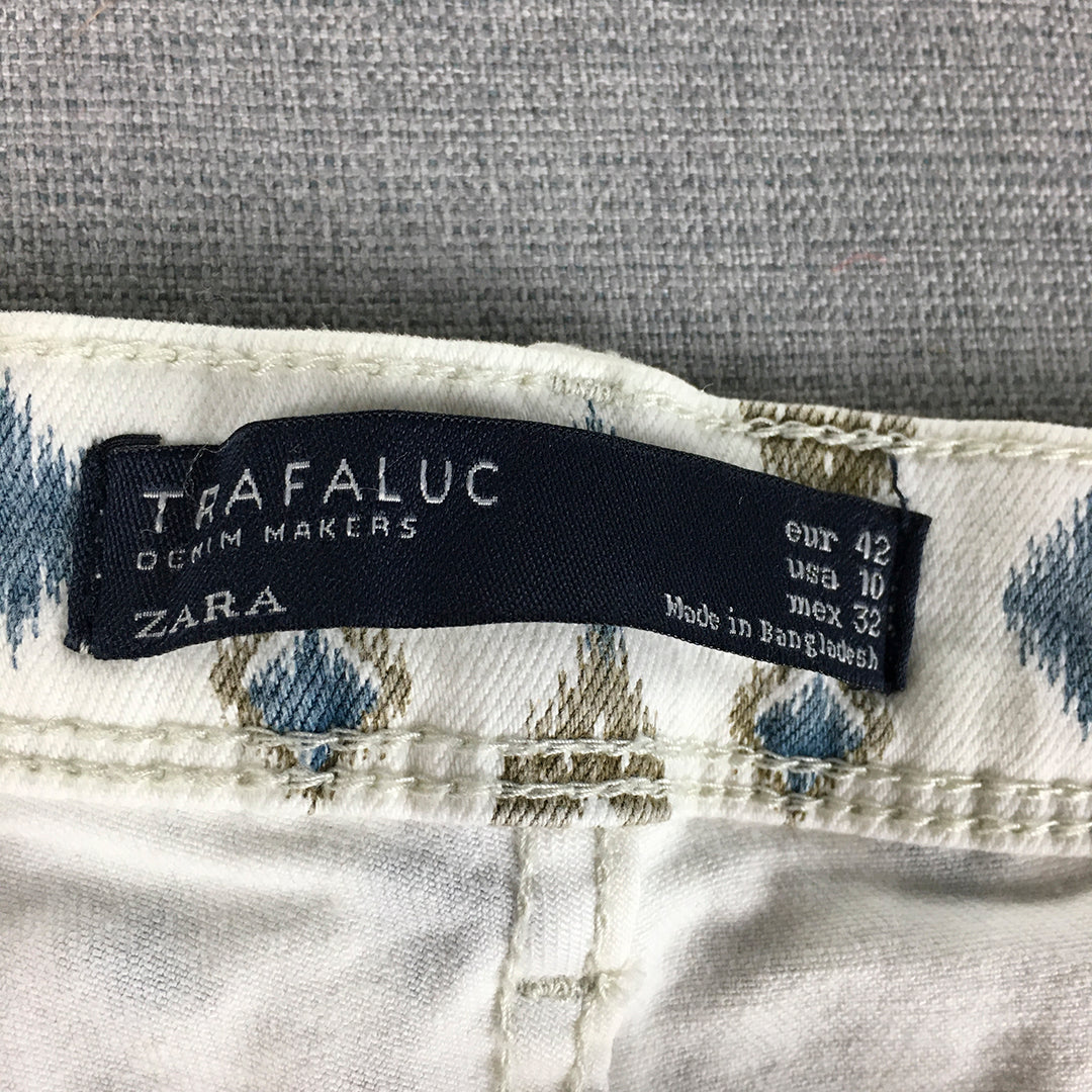 Zara Trafaluc Womens Skinny Jeans Size 10 (W28 x L26) White Aztec Diamond Skinny