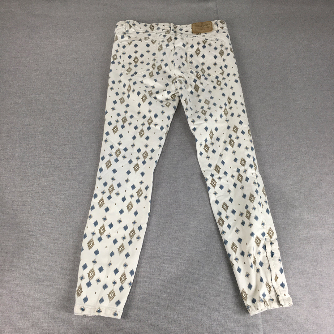 Zara Trafaluc Womens Skinny Jeans Size 10 (W28 x L26) White Aztec Diamond Skinny