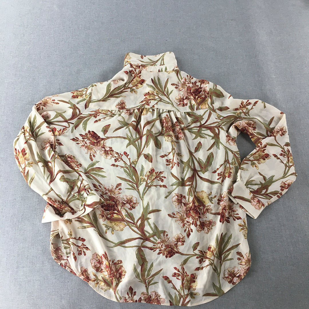 H&M Womens Top Size 8 White Floral Long Sleeve Button-Up Shirt