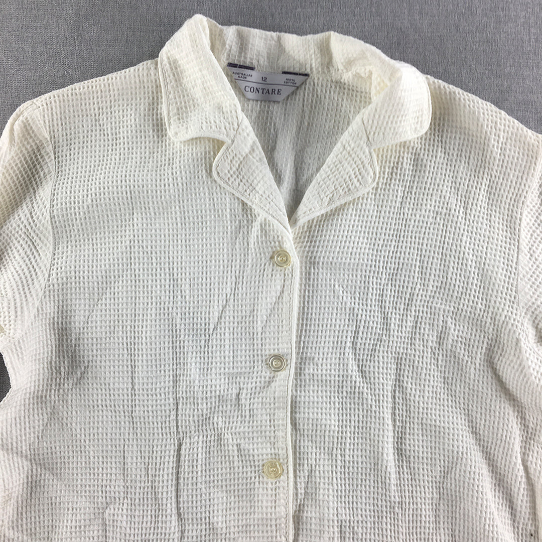 Contare Womens Shirt Size 12 White Waffle Knit Button-Up Pockets Long Sleeve