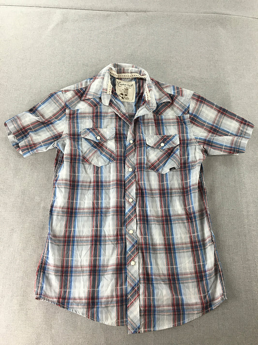 Coastal Mens Shirt Size M Grey Red Blue Checkered Pearl-Snap Cowboy Western