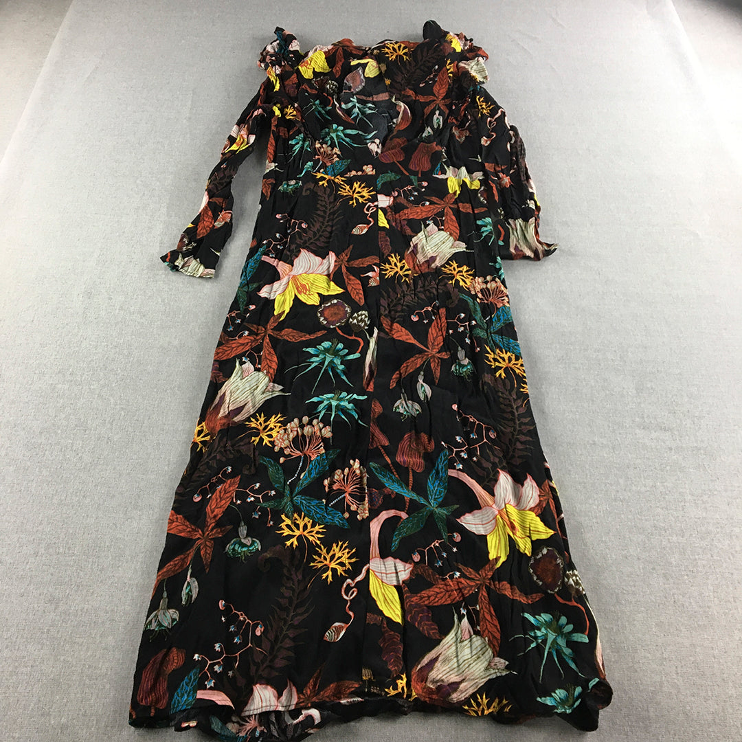 H&M Womens Dress Size 8 Black Floral Knee Length Long Sleeve