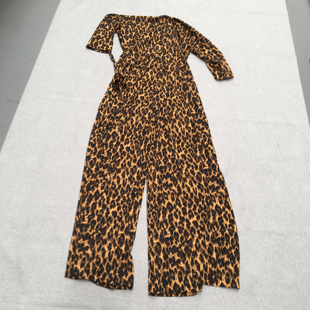 Boohoo Tall Womens Jumpsuit Size 12 Brown Cheetah Print Long Sleeve