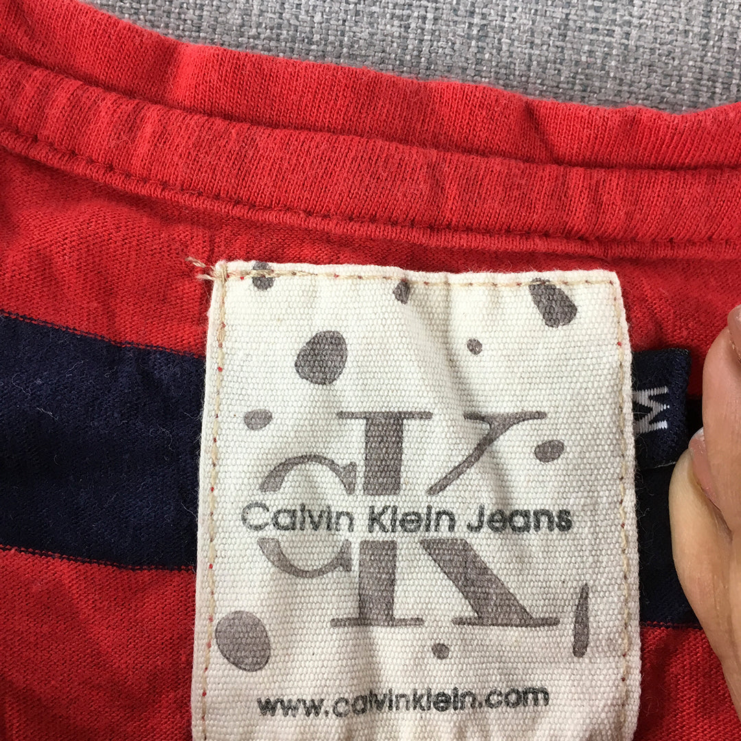 Calvin Klein Jeans Womens T-Shirt Size M Red Black Striped Logo Short Sleeve