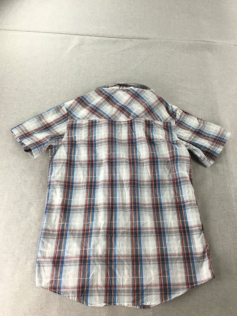 Coastal Mens Shirt Size M Grey Red Blue Checkered Pearl-Snap Cowboy Western