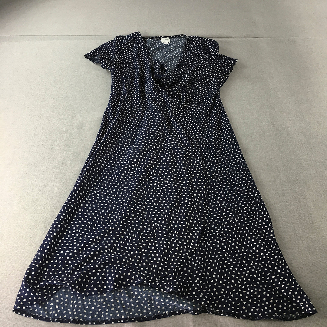 Polly Womens A-Line Dress Size 14 Blue Dot Short Sleeve Midi V-Neck