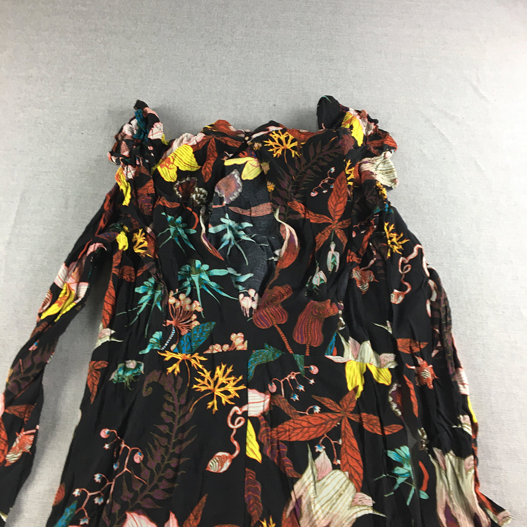 H&M Womens Dress Size 8 Black Floral Knee Length Long Sleeve