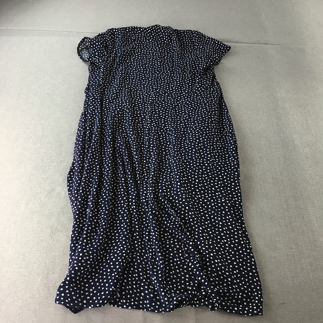 Polly Womens A-Line Dress Size 14 Blue Dot Short Sleeve Midi V-Neck