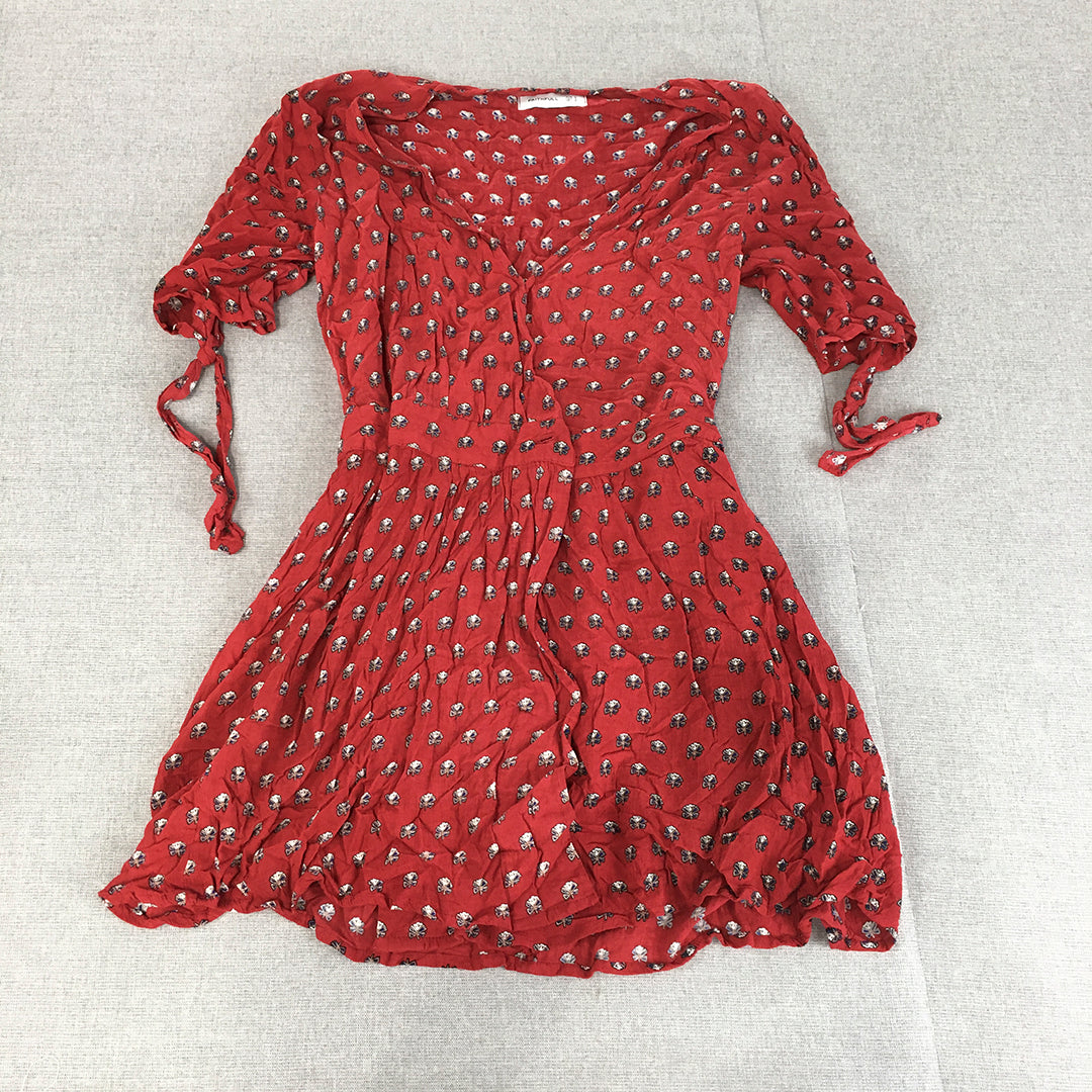 Faithfull The Brand Womens Mini Dress Size 8 Red Floral Fit Flare Short Sleeve