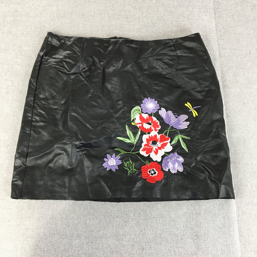 H&M Womens Faux Leather Mini Skirt Size 10 Black Floral Embroidered Back Zip