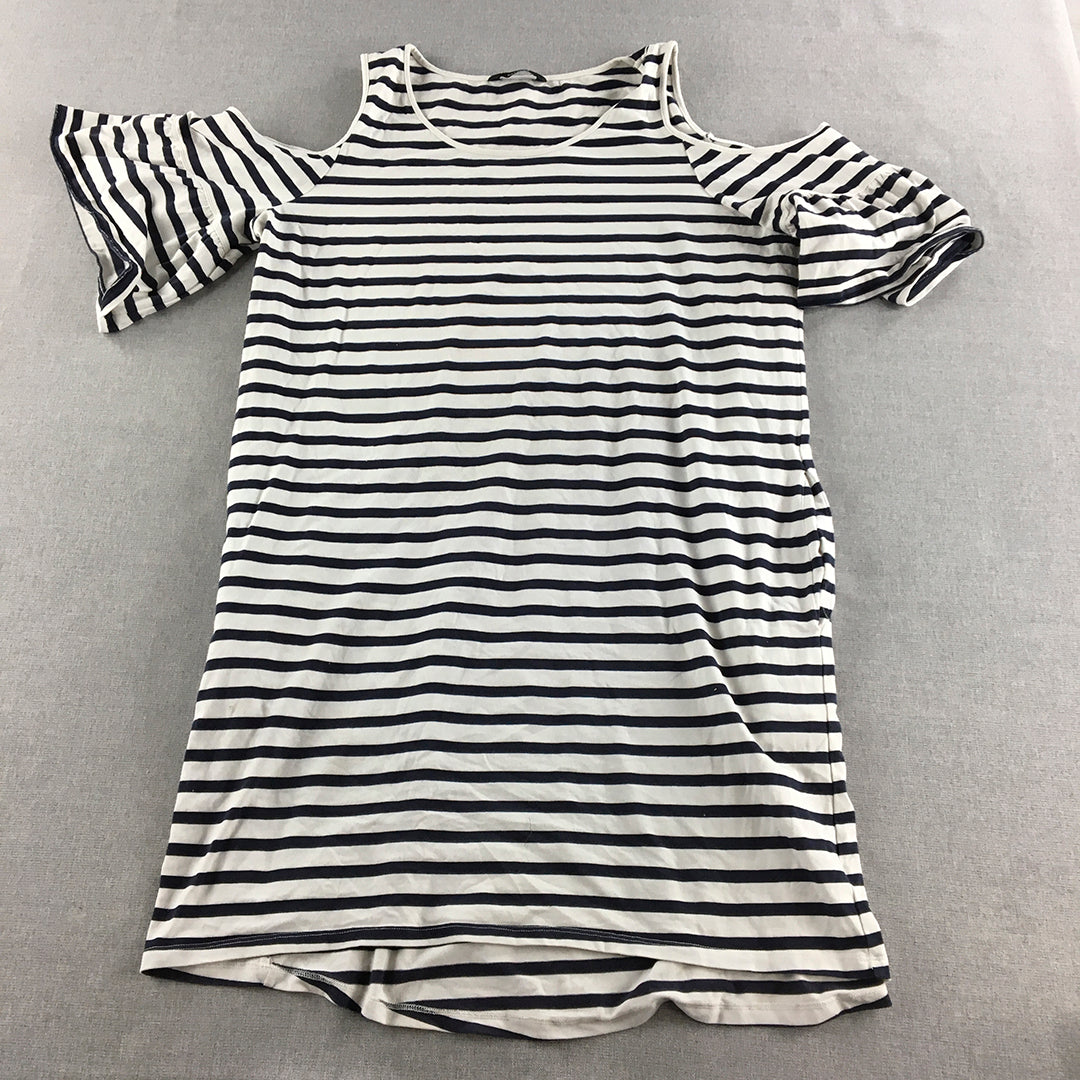 Decjuba Womens Shirt Dress Size L Blue White Striped Short Sleeve Cold Shoulder