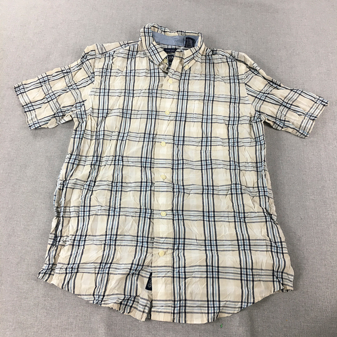 Ralph Lauren Chaps Mens Shirt Size S Grey Blue Checkered Button-Up Short Sleeve