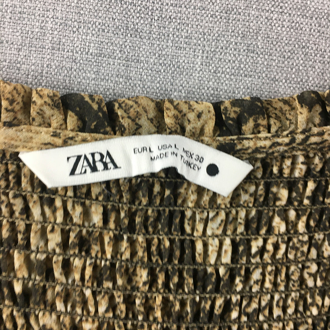 Zara Womens Top Size L Brown Snakeskin Pattern Long Sleeve Blouse