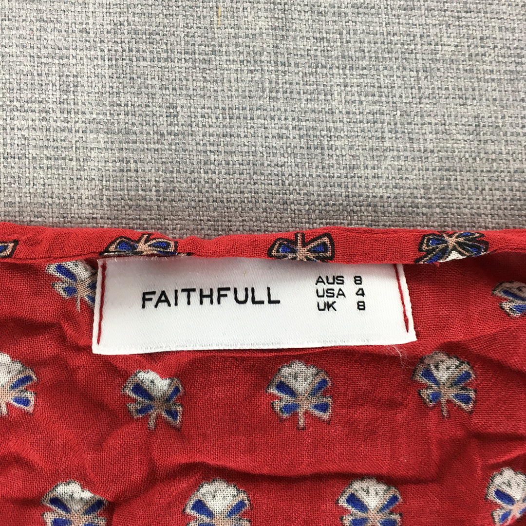 Faithfull The Brand Womens Mini Dress Size 8 Red Floral Fit Flare Short Sleeve