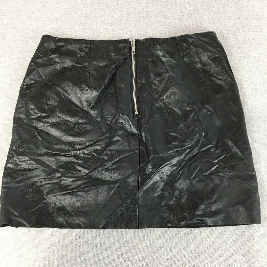 H&M Womens Faux Leather Mini Skirt Size 10 Black Floral Embroidered Back Zip