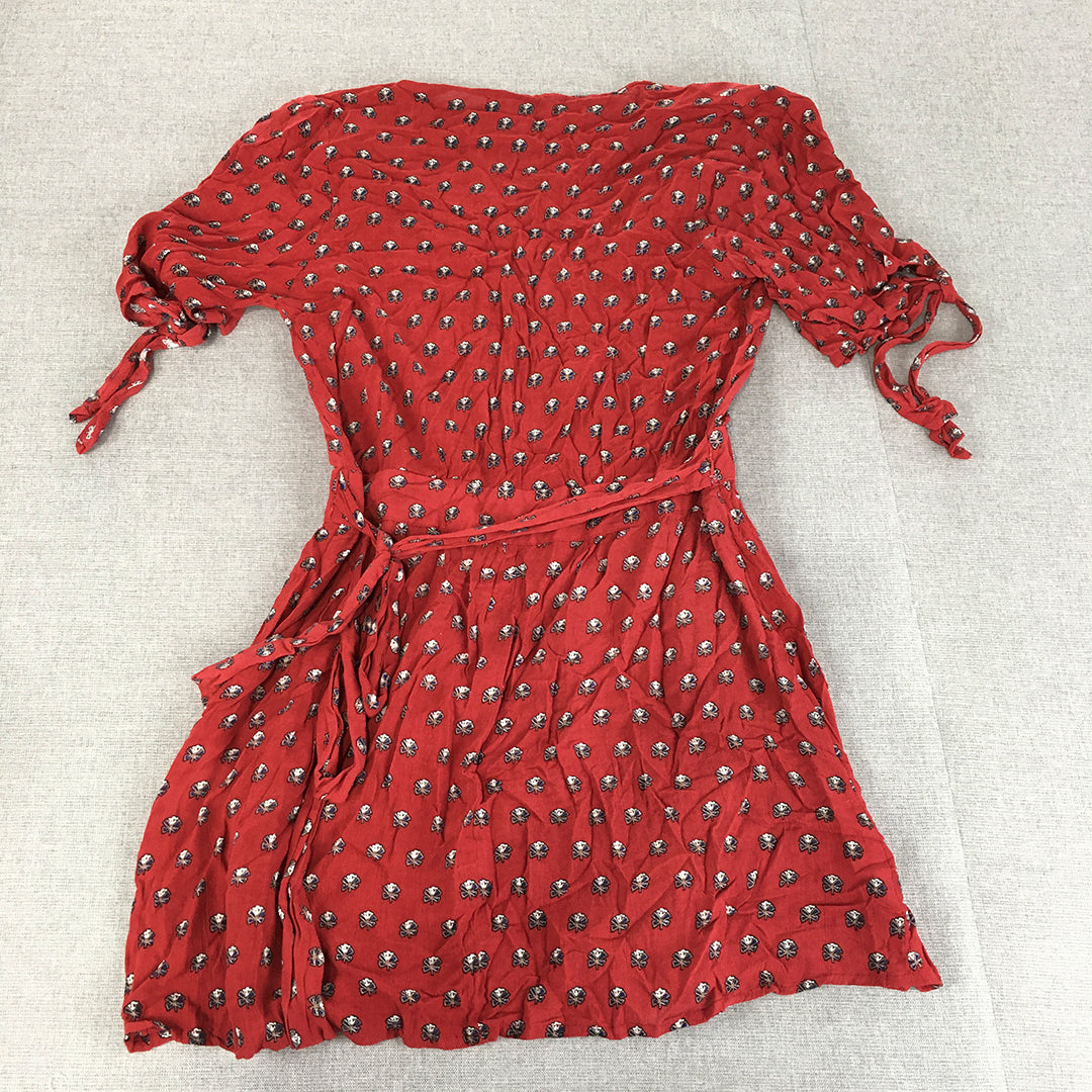 Faithfull The Brand Womens Mini Dress Size 8 Red Floral Fit Flare Short Sleeve