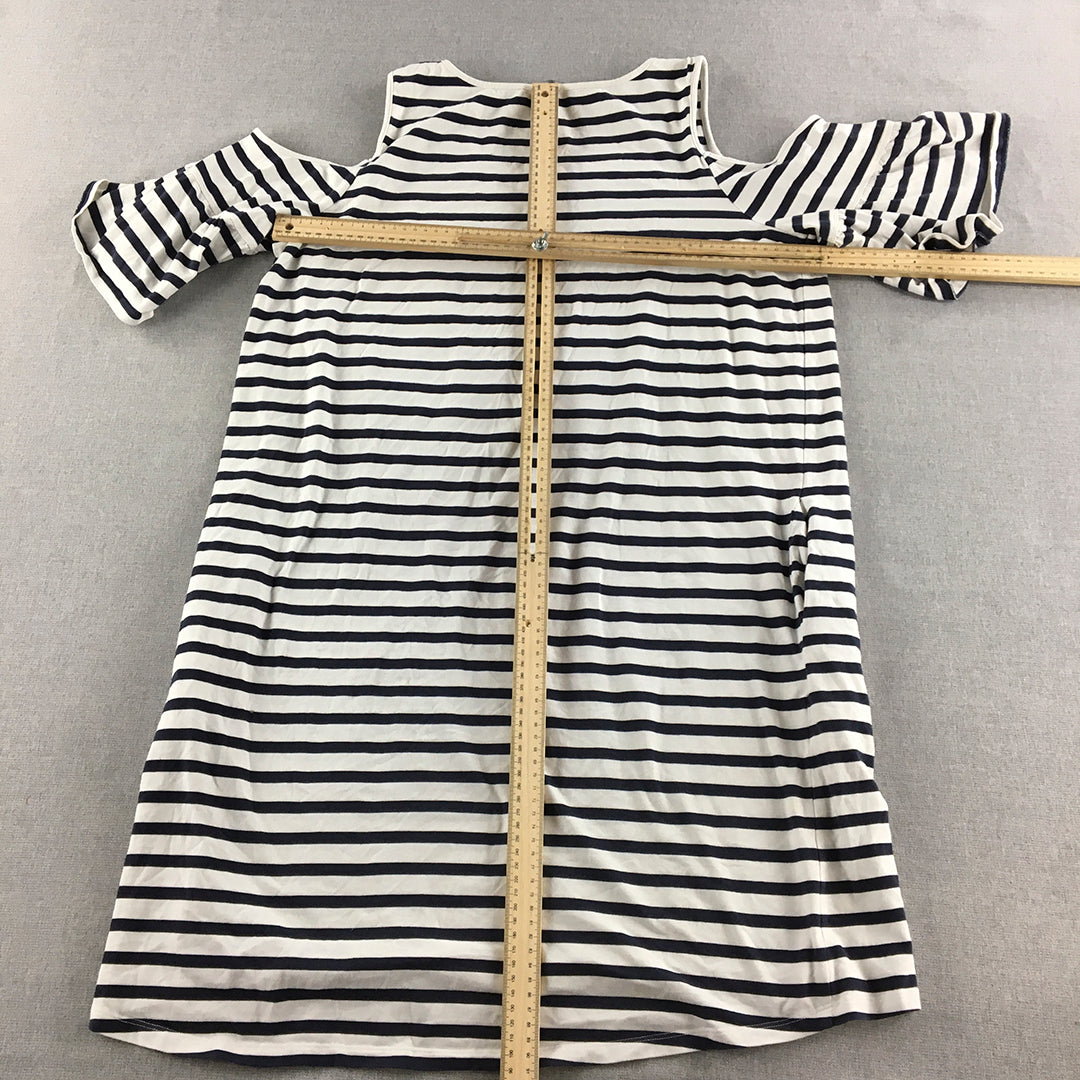 Decjuba Womens Shirt Dress Size L Blue White Striped Short Sleeve Cold Shoulder