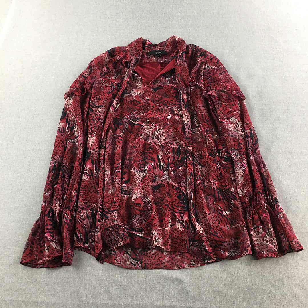 Saba Womens Top Size 8 Red Floral Long Sleeve Shirt Blouse