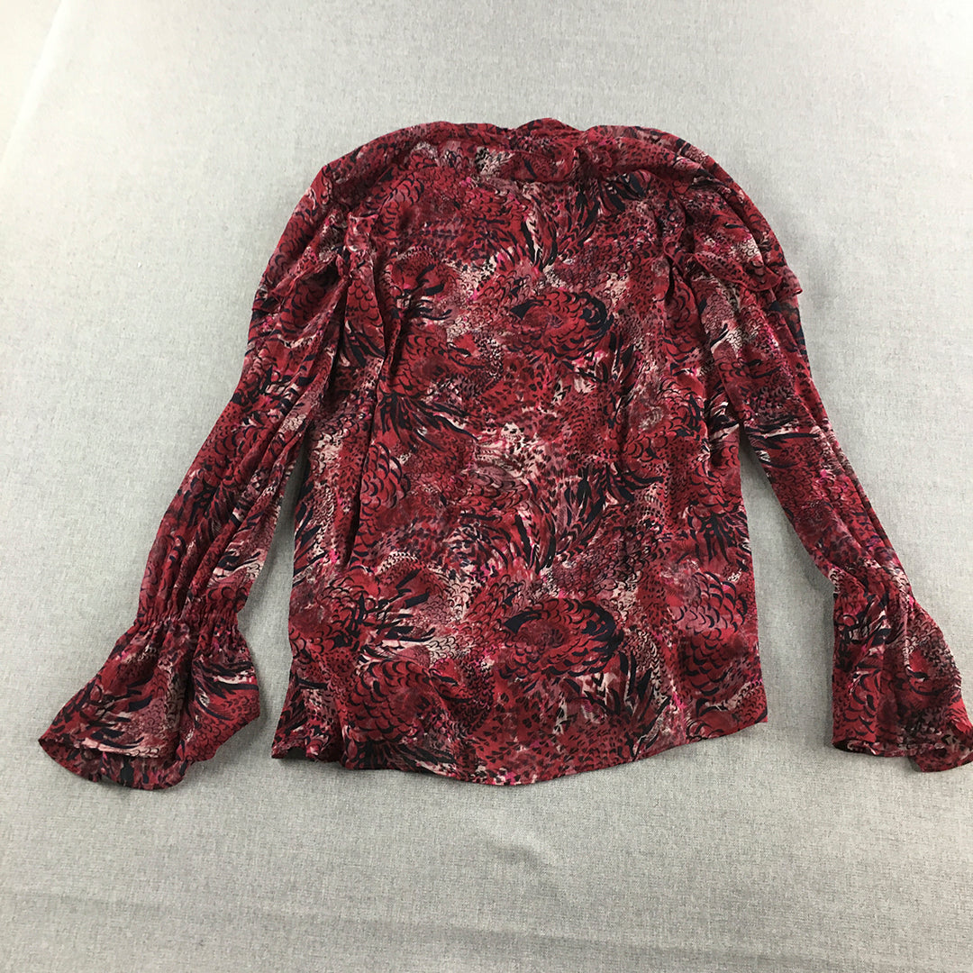 Saba Womens Top Size 8 Red Floral Long Sleeve Shirt Blouse