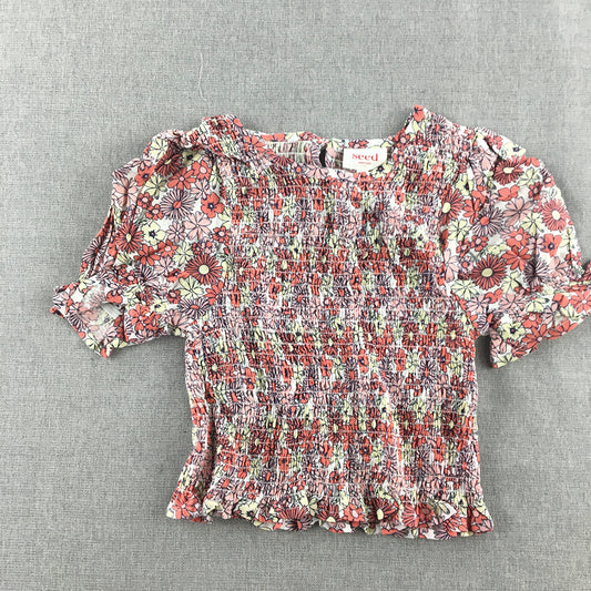 Seed Heritage Kids Girls Linen Top Size 6 Red Floral Short Sleeve Shirt