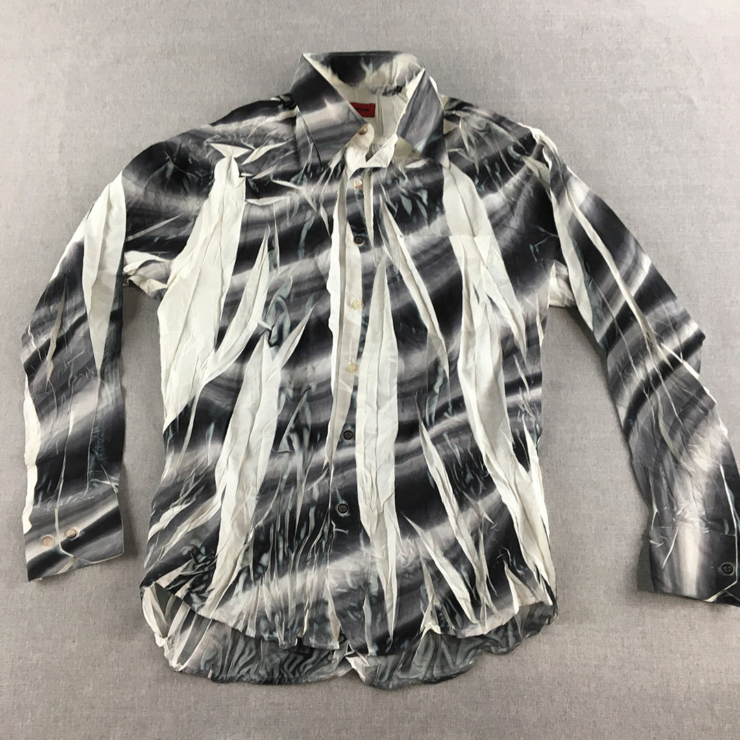 Vintage Kickdown Mens Shirt Size M Black White Abstract Striped Loud Full-Print