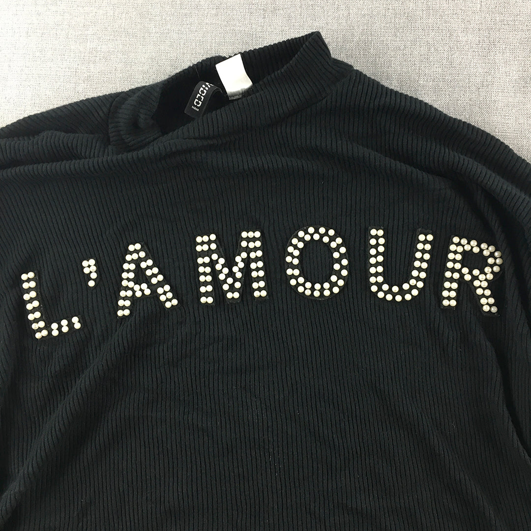 H&M Womens Knit Sweater Size M Black L'Amour Strech Fabric Jumper