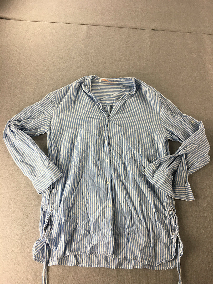 Zara Womens Shirt Size S Blue Striped Trafaluc Long Sleeve Button-Up