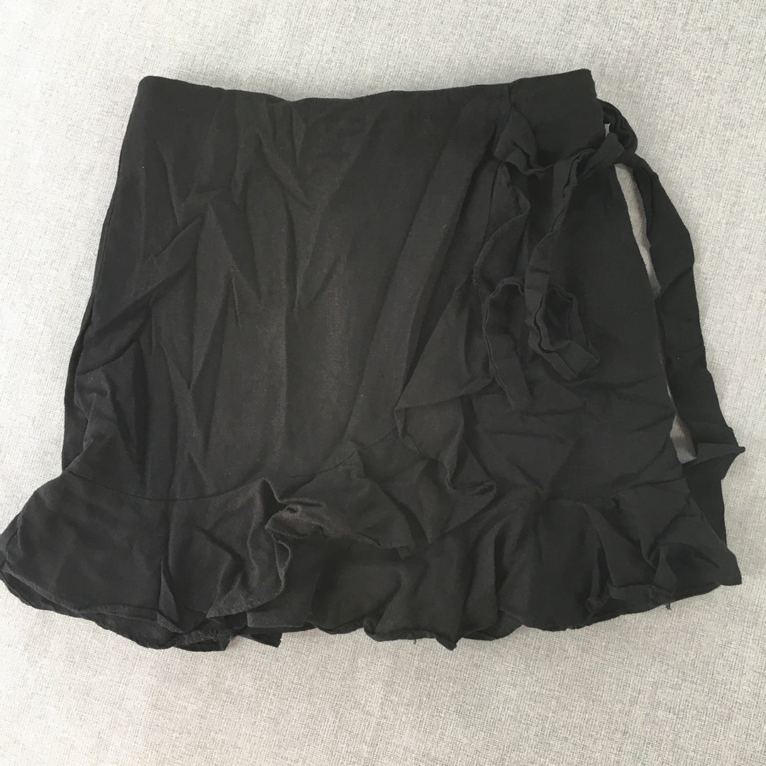 Ava Womens Linen Mini Skirt Size 12 Black Belted