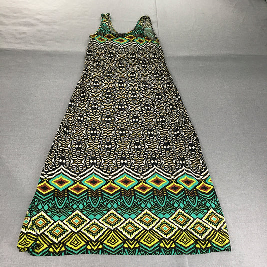 California Woman A-Line Dress Size XL Black Yellow Green Aztec Knee Length