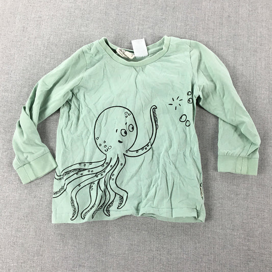 Peter Alexander Jnr Kids Sleep Shirt Size 2 Green Octopus Long Sleeve Pajama Top