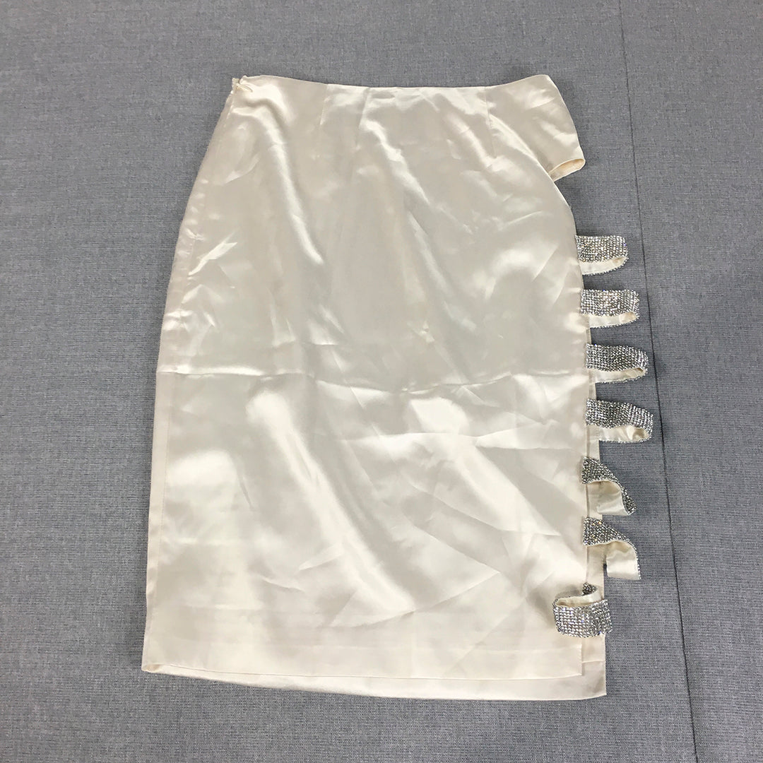 Meshki Womens Pencil Skirt Size XS White Diamante Embellished Midi