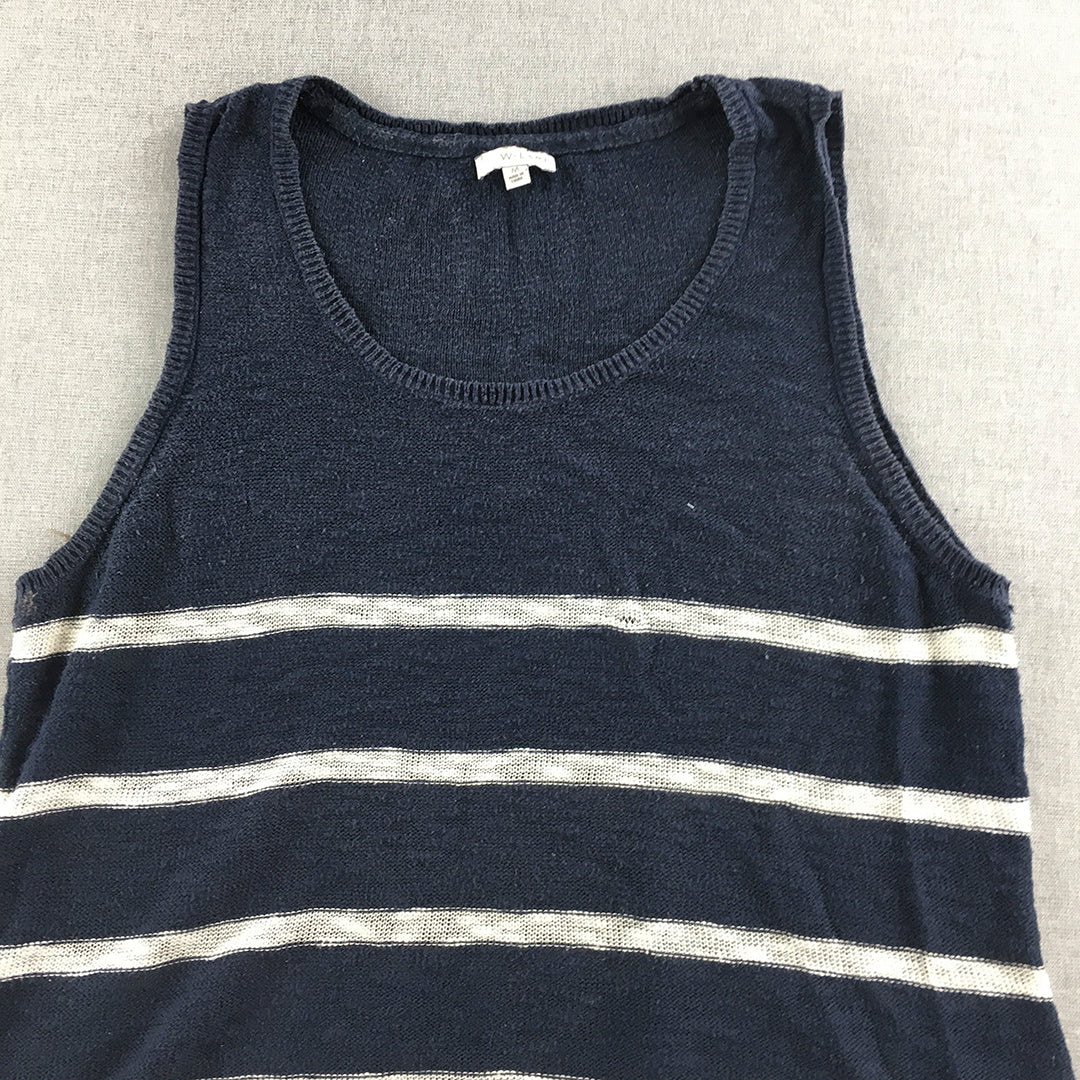 W-Lane Womens Linen Tank Top Size M Blue Striped Knit Sleeveless Vest