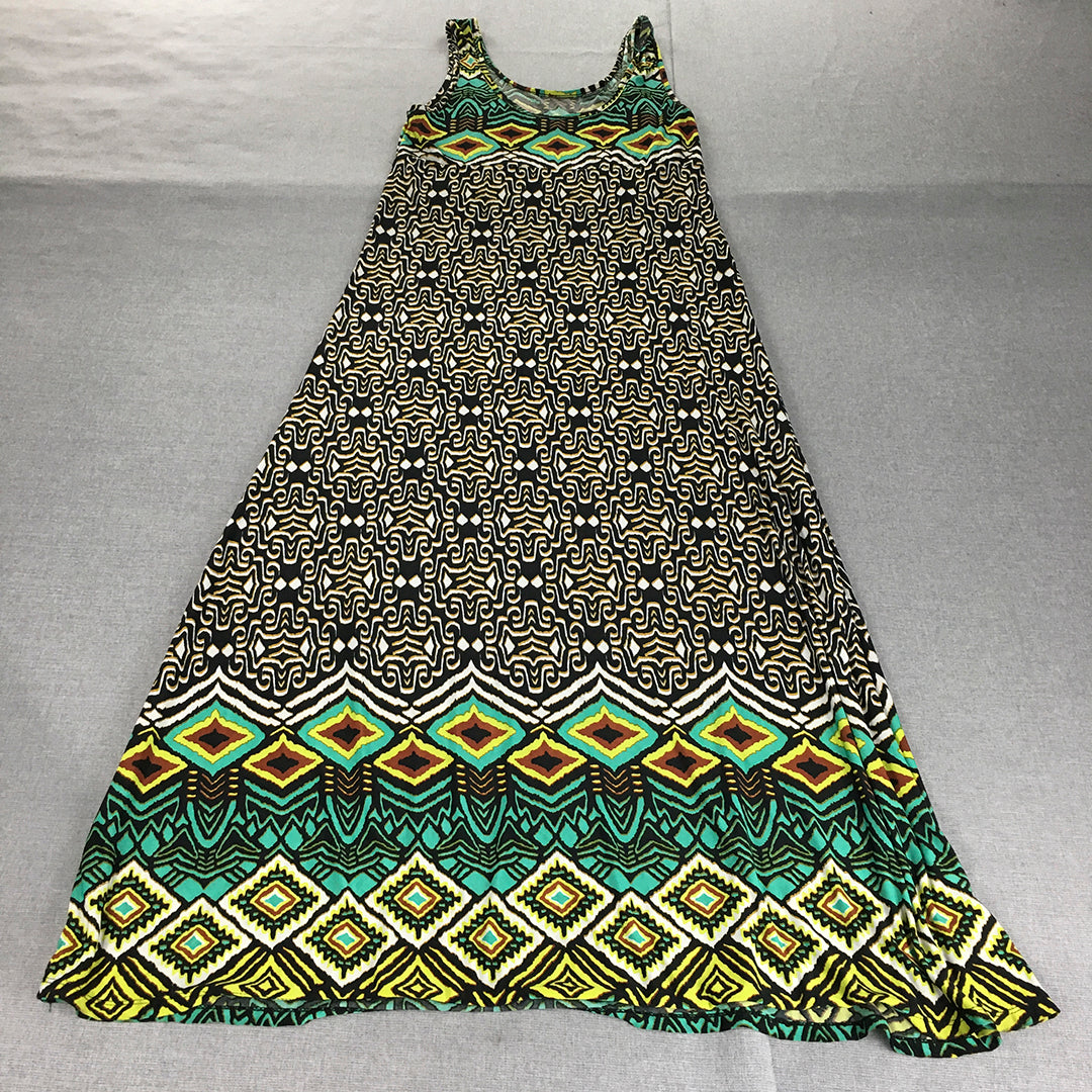 California Woman A-Line Dress Size XL Black Yellow Green Aztec Knee Length