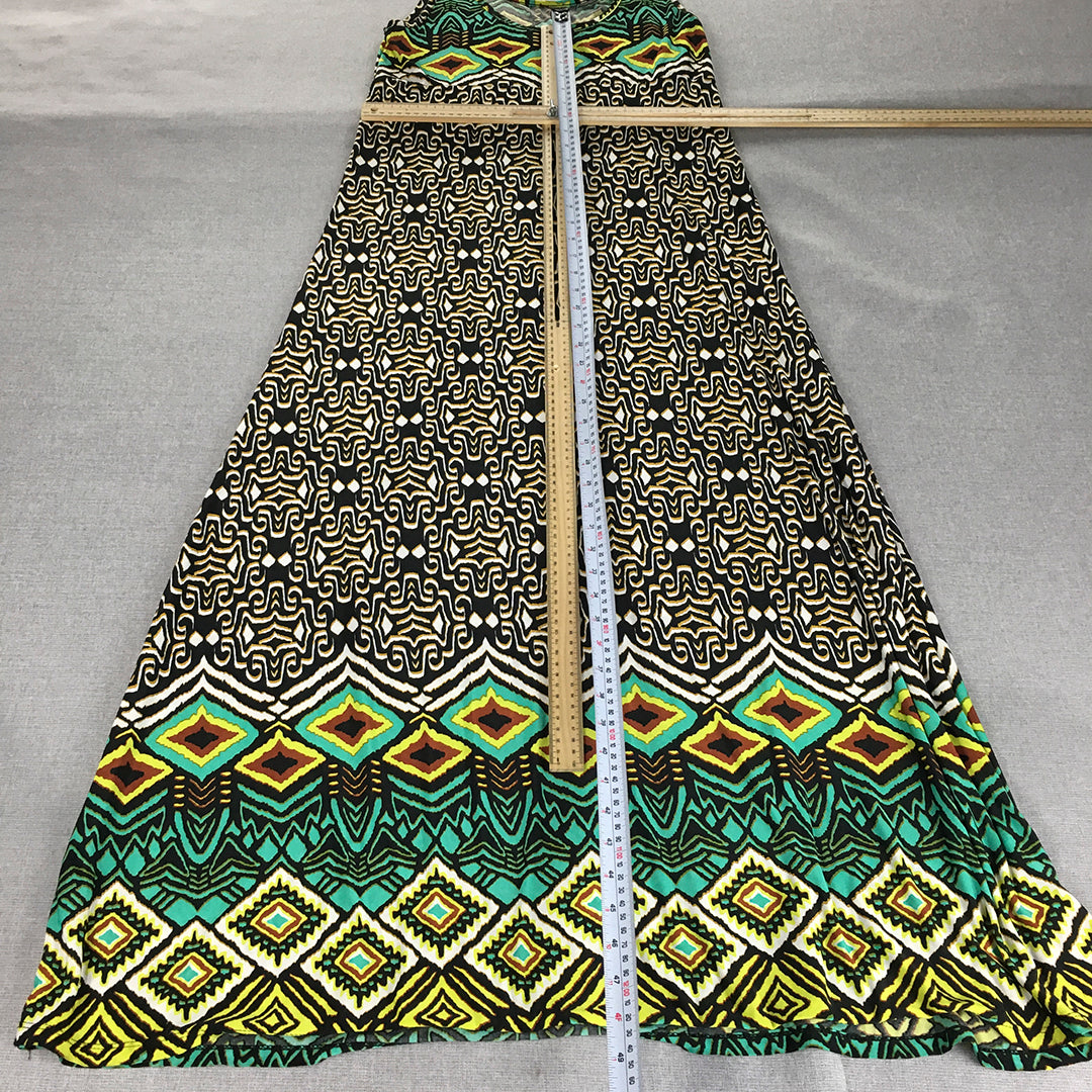 California Woman A-Line Dress Size XL Black Yellow Green Aztec Knee Length