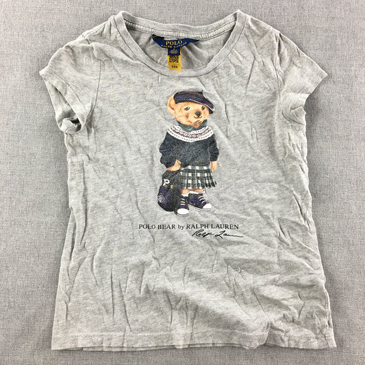 Polo Bear Ralph Lauren Kids Girls T-Shirt Size 5 Grey Short Sleeve Top Beret