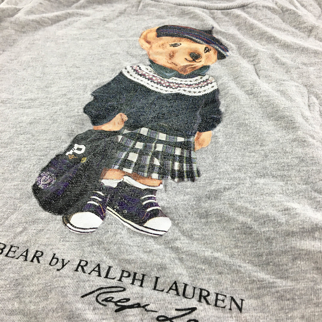 Polo Bear Ralph Lauren Kids Girls T-Shirt Size 5 Grey Short Sleeve Top Beret