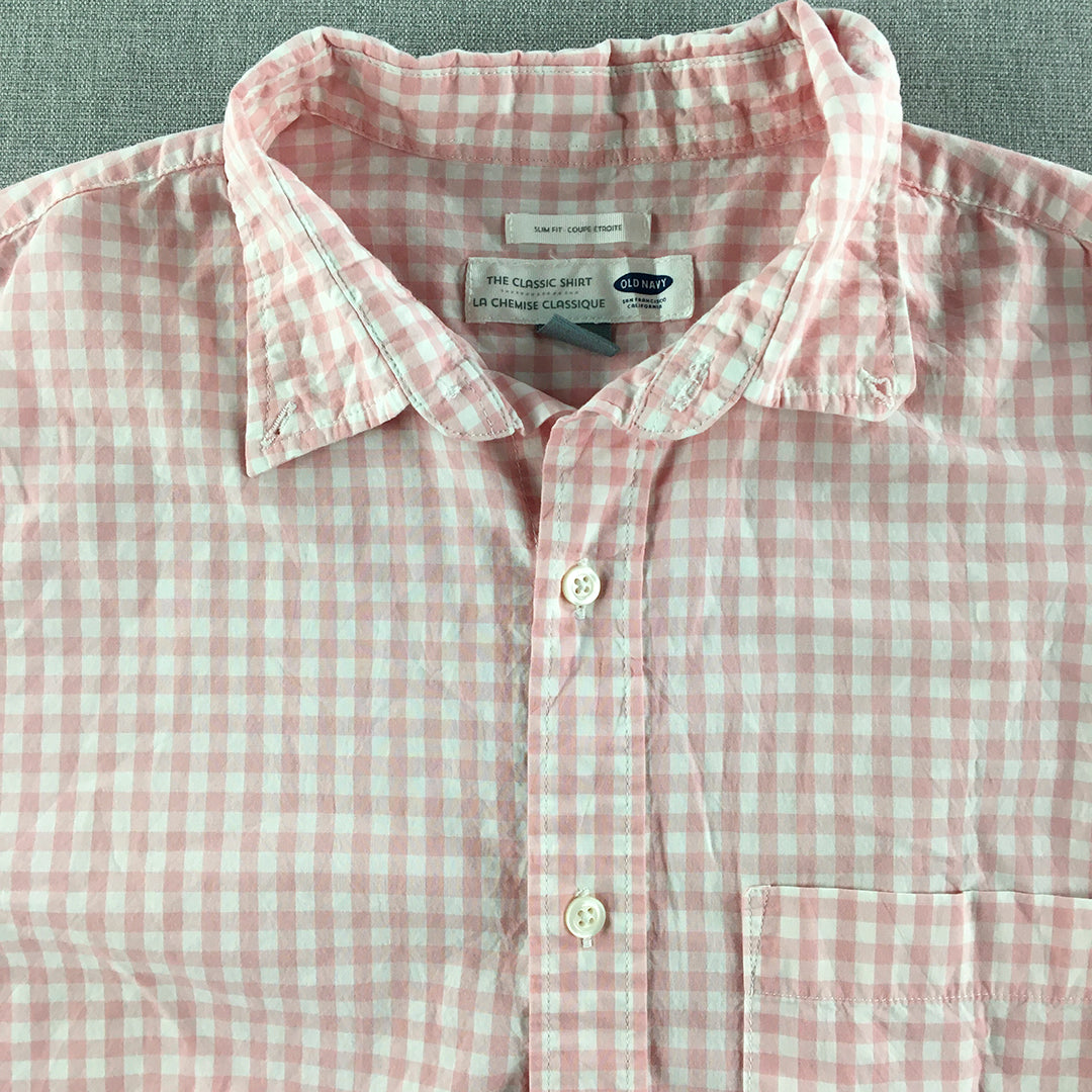 Old Navy Mens Shirt Size M Pink Checkered Slim Fit Short Sleeve Button-Up