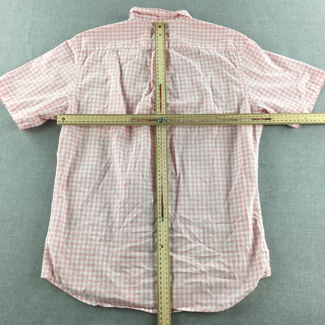 Old Navy Mens Shirt Size M Pink Checkered Slim Fit Short Sleeve Button-Up