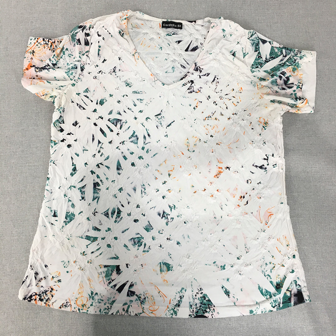 Cordelia St Womens T-Shirt Size 12 White Green Abstract Pattern Top