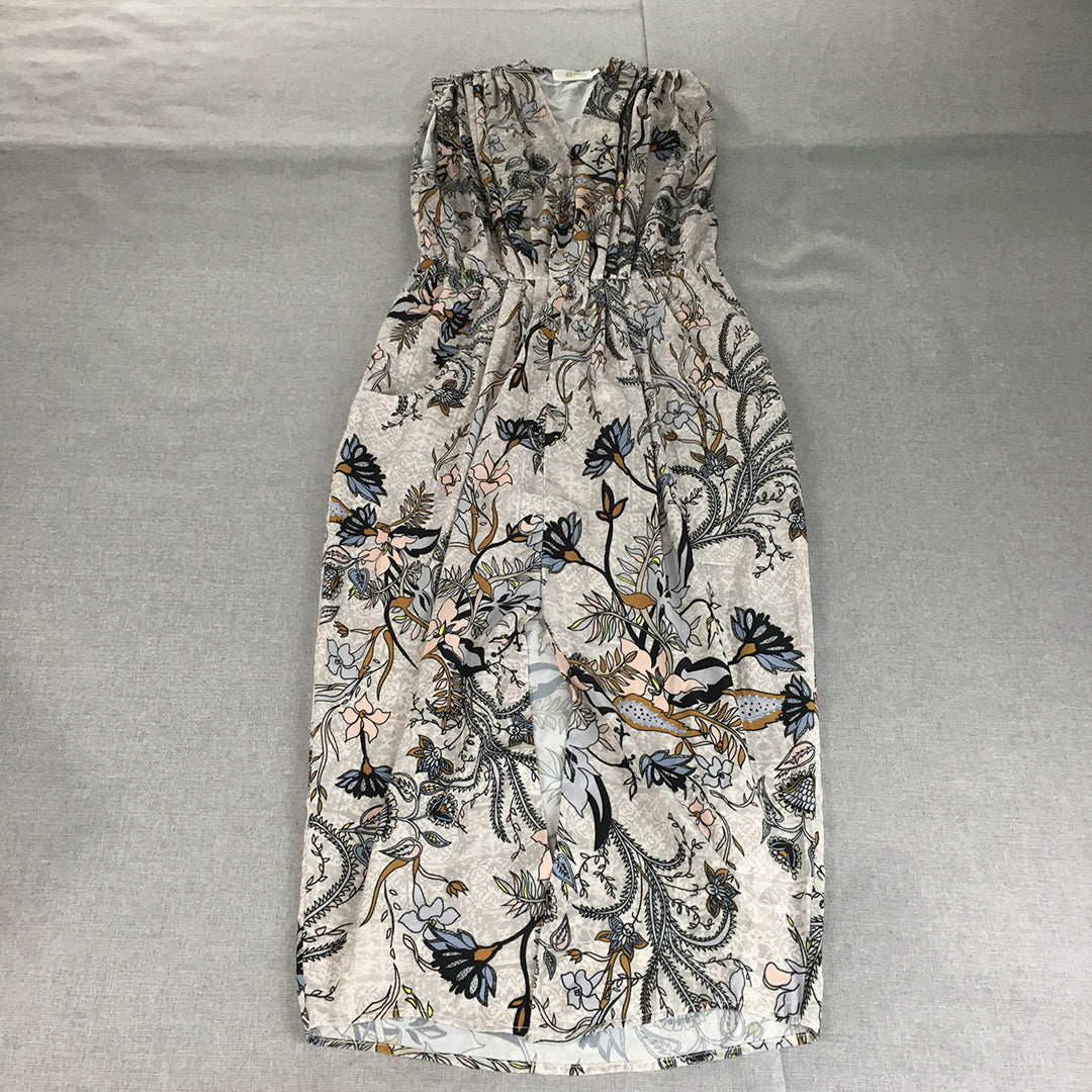 HQ Womens Pencil Dress Size L Grey Floral Sleeveless Pleated Knee Length