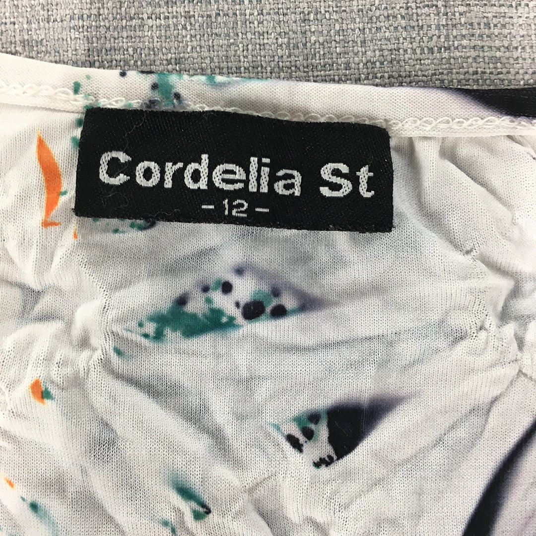 Cordelia St Womens T-Shirt Size 12 White Green Abstract Pattern Top